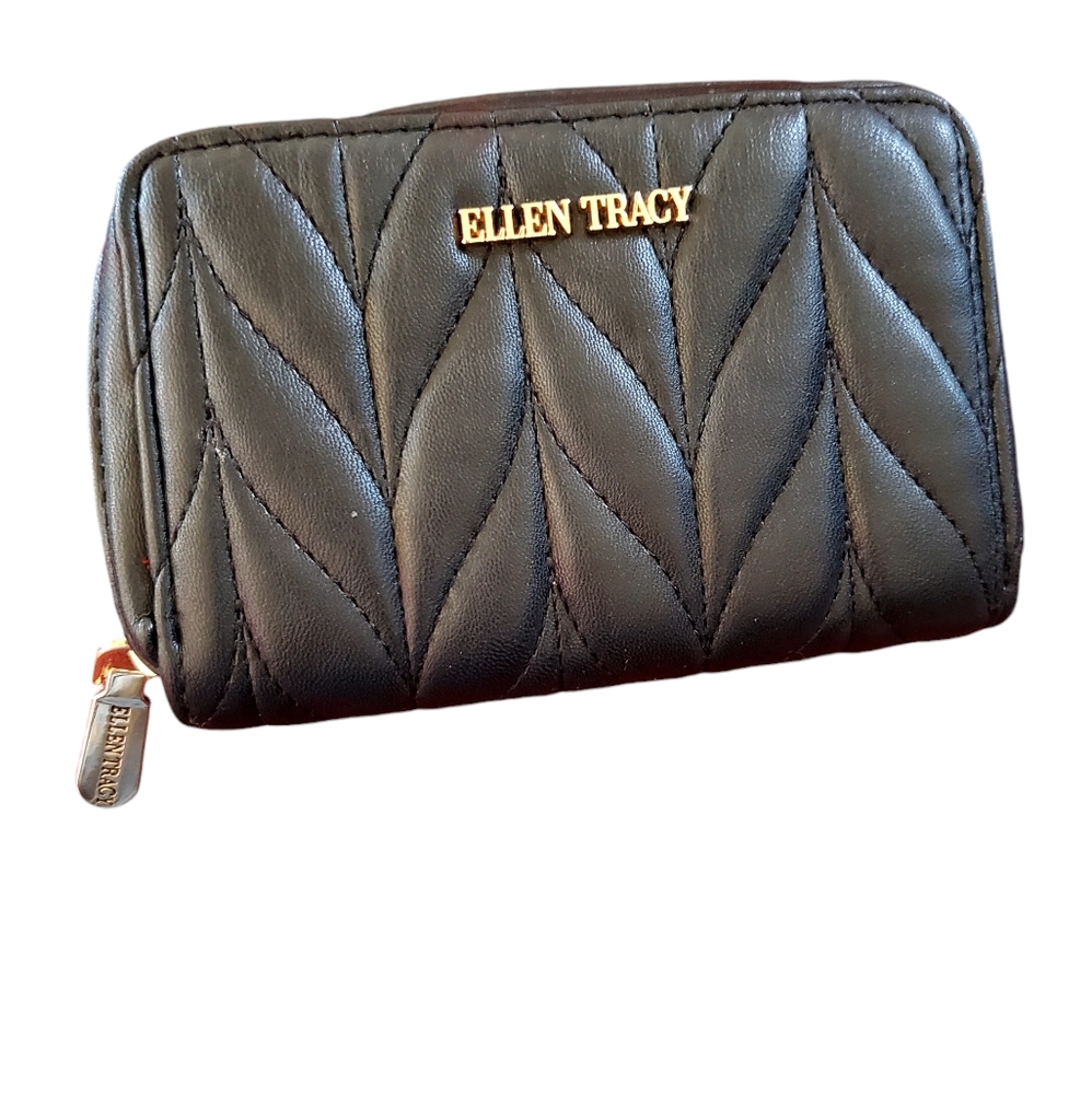 Ellen Tracy Zip Quilted Clutch Wallet Black Faux Leathet